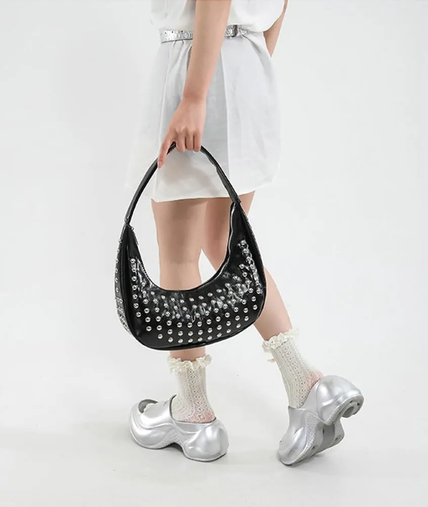Y2k Studded Crescent Crossbody Purse Women PU Leather Hobo Bags 90s Trendy Shoulder Satchels Punk Underarm Tote Handbag