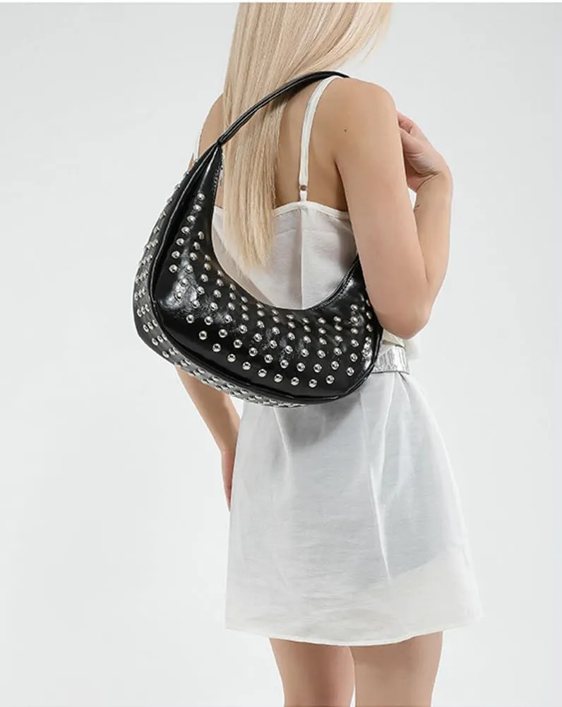 Y2k Studded Crescent Crossbody Purse Women PU Leather Hobo Bags 90s Trendy Shoulder Satchels Punk Underarm Tote Handbag