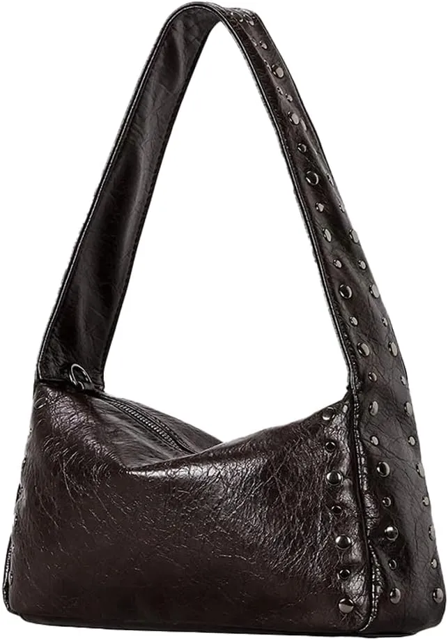 Y2k Studded Hobo Bags Women Trendy Punk 90s PU Leather Underarm Crescent Crossbody Purse Shoulder Satchels Tote Handbag