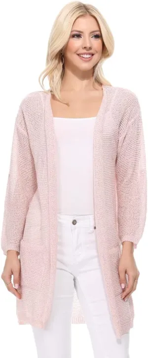 YEMAK Women's Summer Kimono Style Long Sleeve Knitted Open-Front Cardigan Sweater with Pockets - Perfect Beach Cover Up