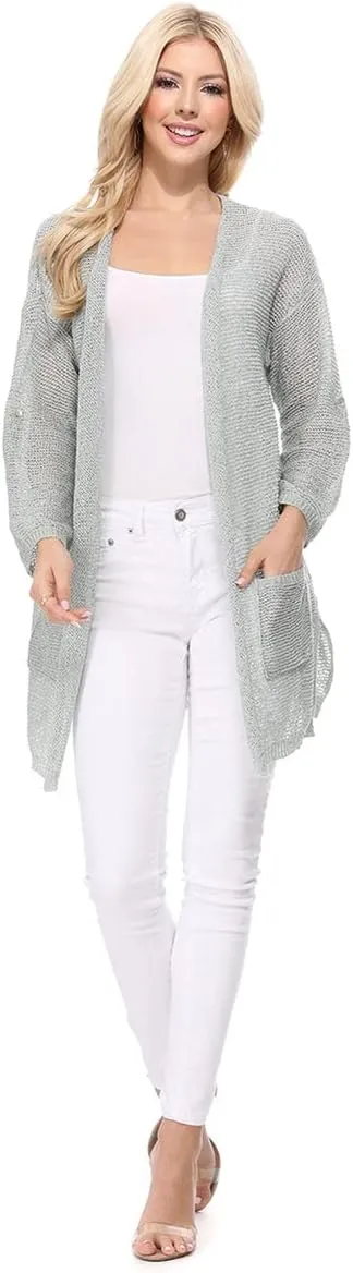 YEMAK Women's Summer Kimono Style Long Sleeve Knitted Open-Front Cardigan Sweater with Pockets - Perfect Beach Cover Up