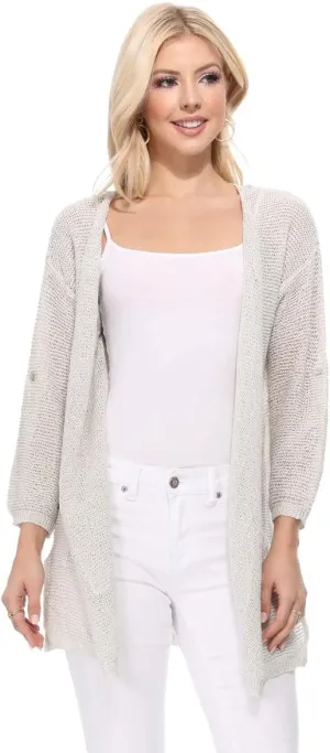 YEMAK Women's Summer Kimono Style Long Sleeve Knitted Open-Front Cardigan Sweater with Pockets - Perfect Beach Cover Up