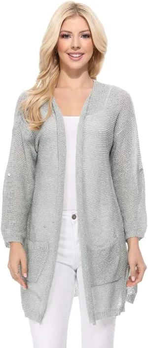 YEMAK Women's Summer Kimono Style Long Sleeve Knitted Open-Front Cardigan Sweater with Pockets - Perfect Beach Cover Up