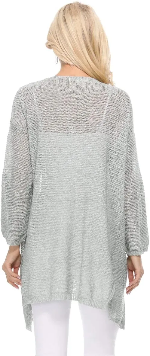 YEMAK Women's Summer Kimono Style Long Sleeve Knitted Open-Front Cardigan Sweater with Pockets - Perfect Beach Cover Up