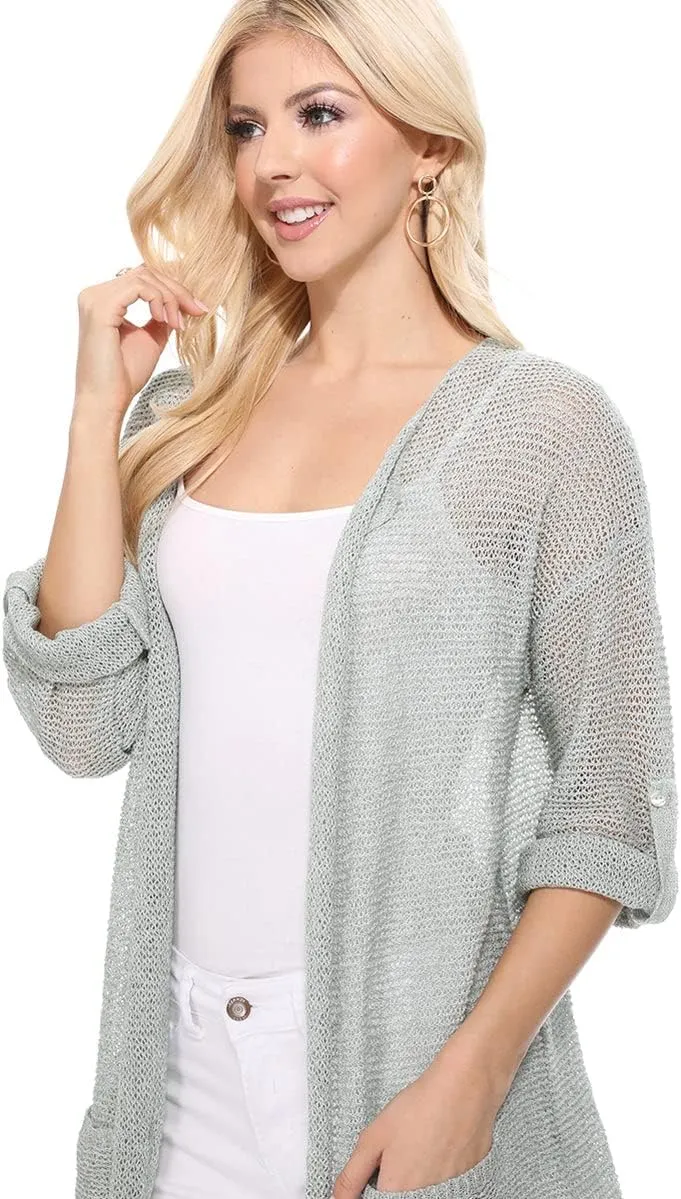 YEMAK Women's Summer Kimono Style Long Sleeve Knitted Open-Front Cardigan Sweater with Pockets - Perfect Beach Cover Up