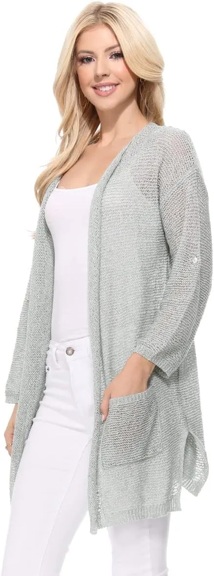YEMAK Women's Summer Kimono Style Long Sleeve Knitted Open-Front Cardigan Sweater with Pockets - Perfect Beach Cover Up