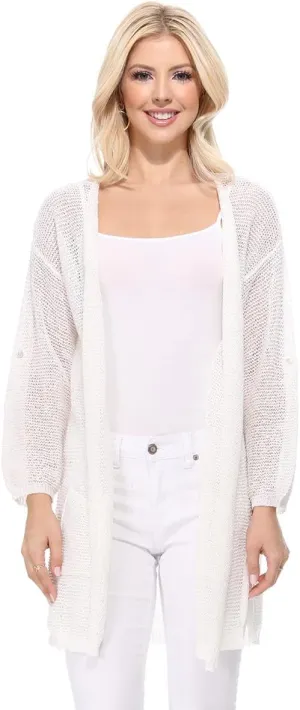 YEMAK Women's Summer Kimono Style Long Sleeve Knitted Open-Front Cardigan Sweater with Pockets - Perfect Beach Cover Up