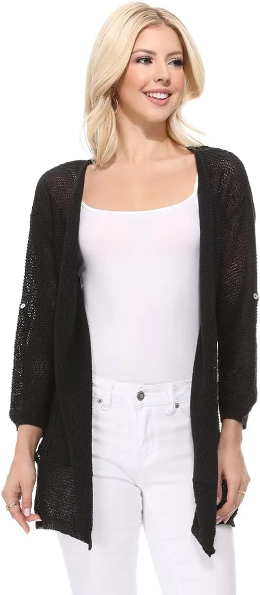 YEMAK Women's Summer Kimono Style Long Sleeve Knitted Open-Front Cardigan Sweater with Pockets - Perfect Beach Cover Up