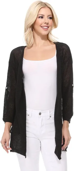 YEMAK Women's Summer Kimono Style Long Sleeve Knitted Open-Front Cardigan Sweater with Pockets - Perfect Beach Cover Up