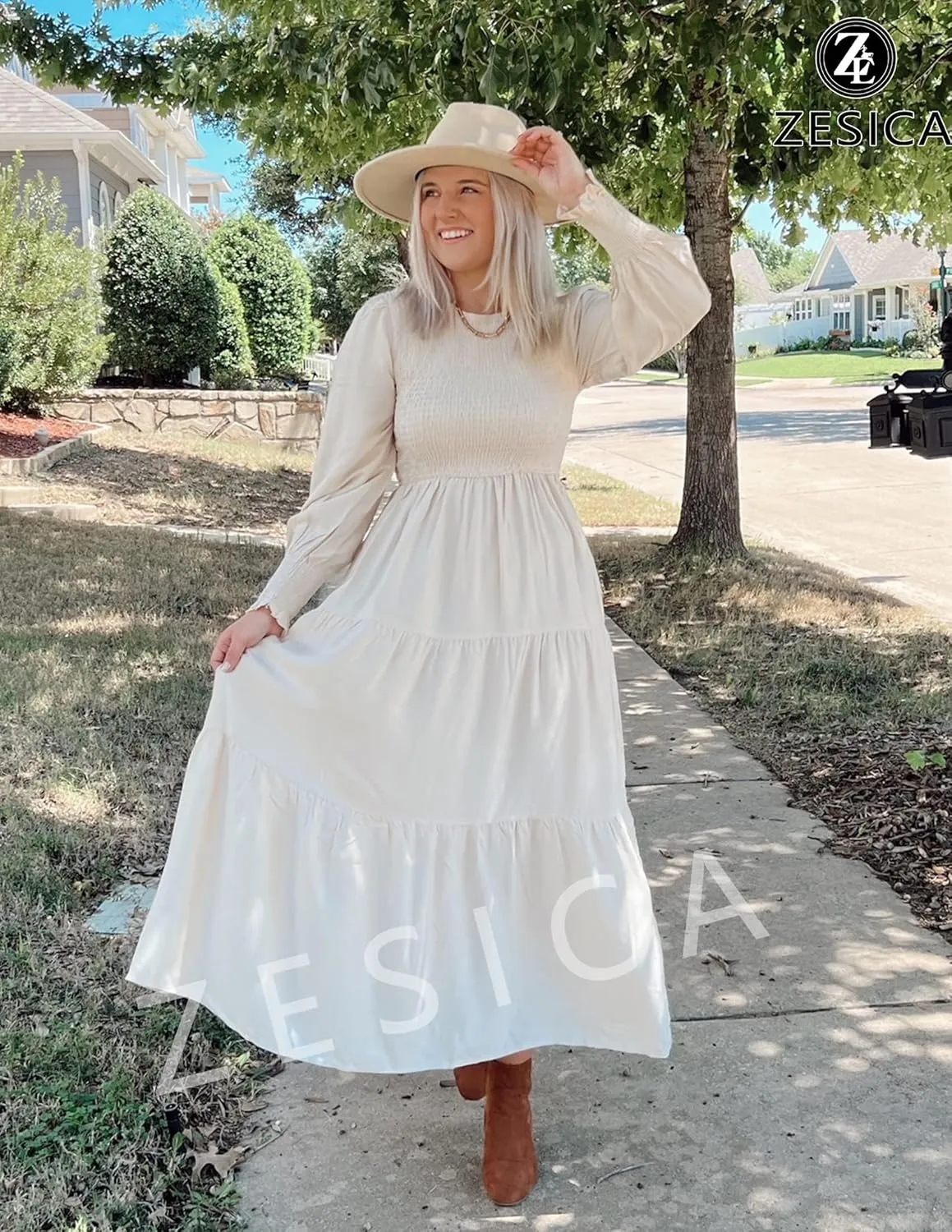 ZESICA Women's Casual Long Sleeve Crew Neck High Waist Smocked Flowy Tiered Midi Dress