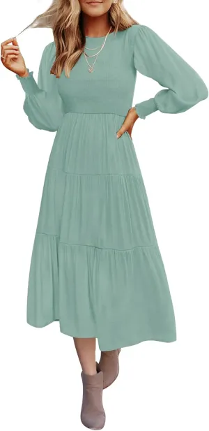 ZESICA Women's Casual Long Sleeve Crew Neck High Waist Smocked Flowy Tiered Midi Dress