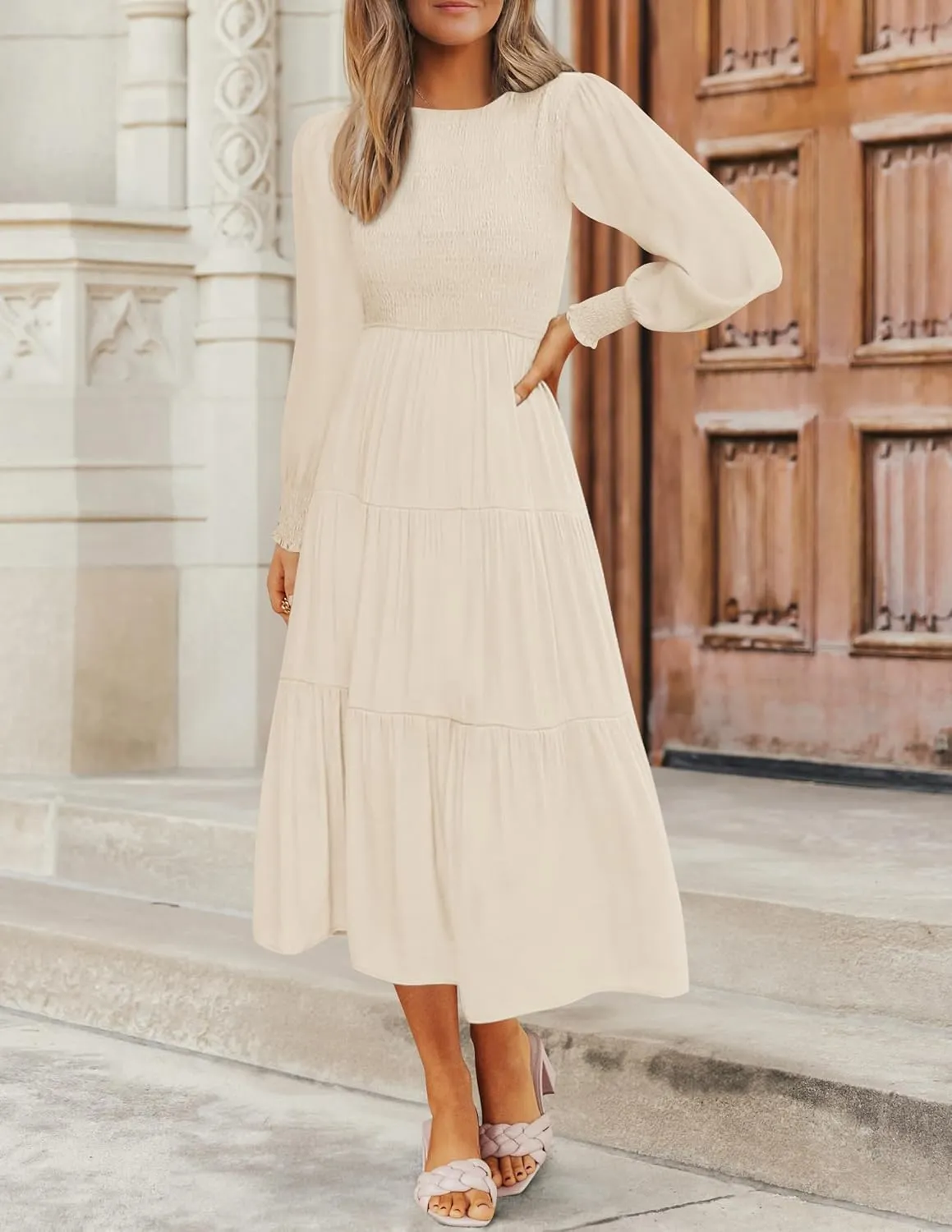 ZESICA Women's Casual Long Sleeve Crew Neck High Waist Smocked Flowy Tiered Midi Dress