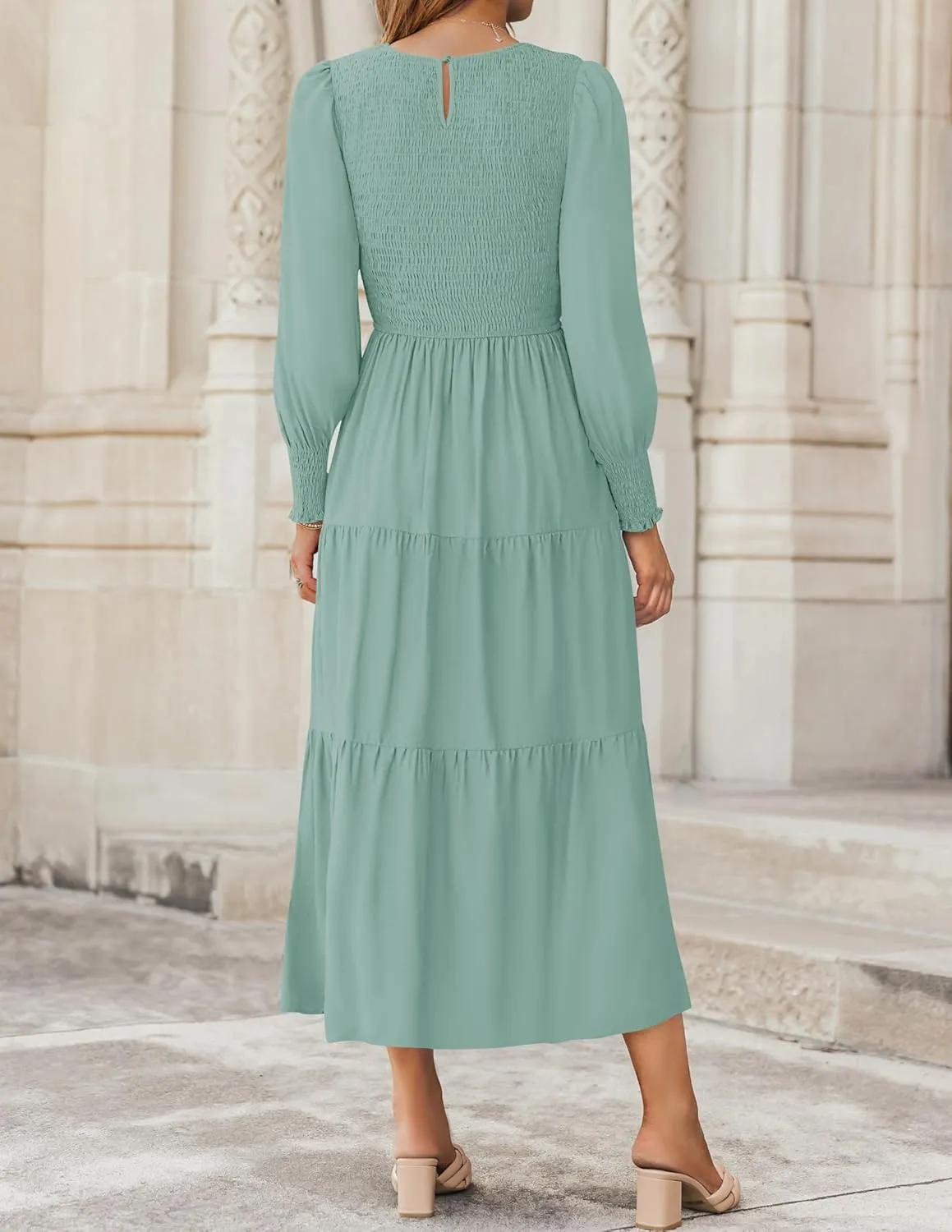 ZESICA Women's Casual Long Sleeve Crew Neck High Waist Smocked Flowy Tiered Midi Dress