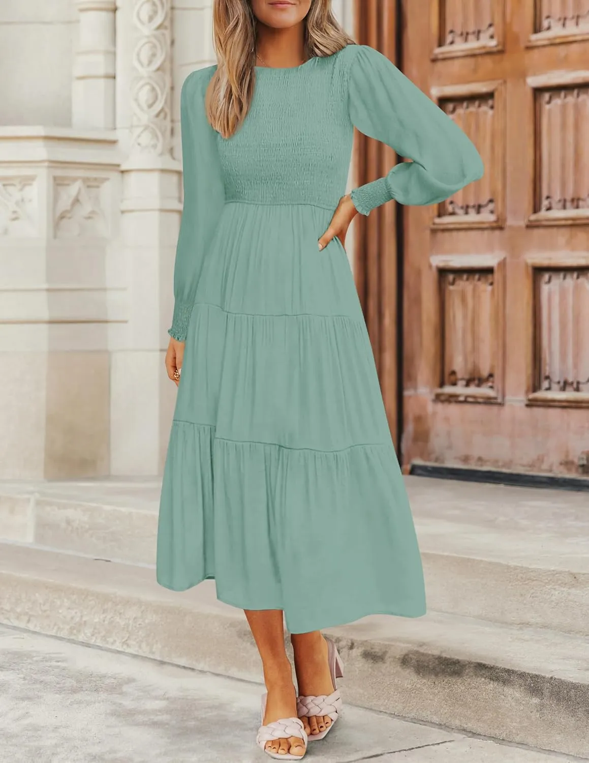 ZESICA Women's Casual Long Sleeve Crew Neck High Waist Smocked Flowy Tiered Midi Dress