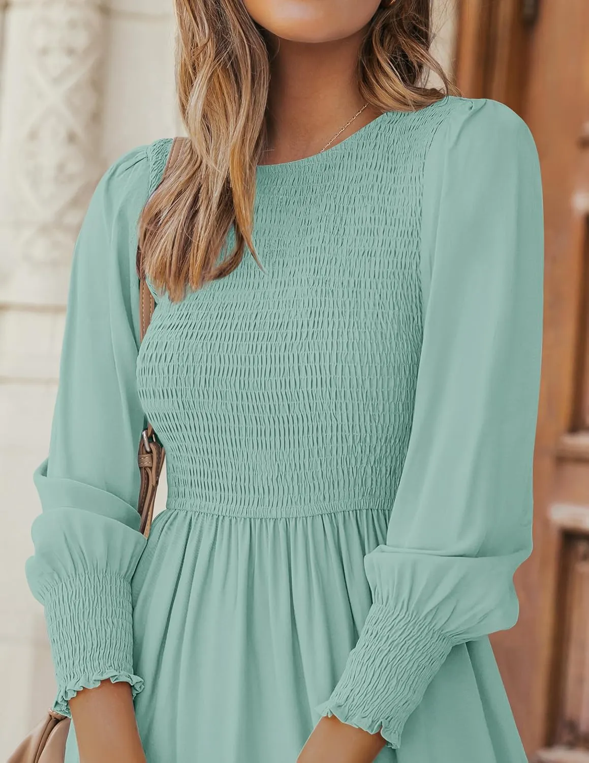 ZESICA Women's Casual Long Sleeve Crew Neck High Waist Smocked Flowy Tiered Midi Dress