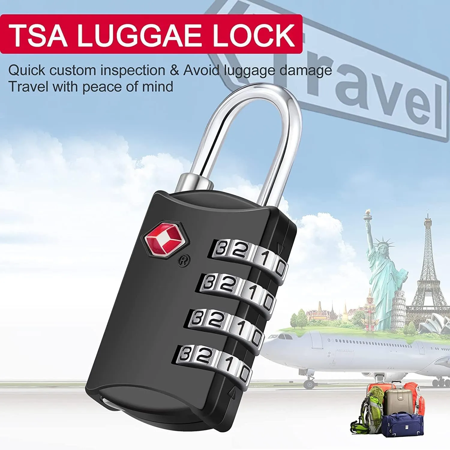 ZHEGE Travel Lock 2 Pack, Luggage Locks TSA Approved for Suitcase, Backpack, Briefcase Zippers, 4 Digit Combination Locks for Gym Lockers (Black and Silver)