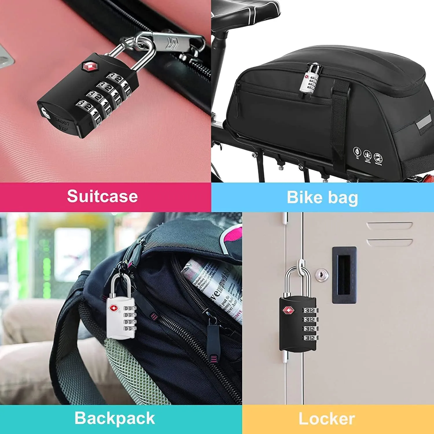 ZHEGE Travel Lock 2 Pack, Luggage Locks TSA Approved for Suitcase, Backpack, Briefcase Zippers, 4 Digit Combination Locks for Gym Lockers (Black and Silver)