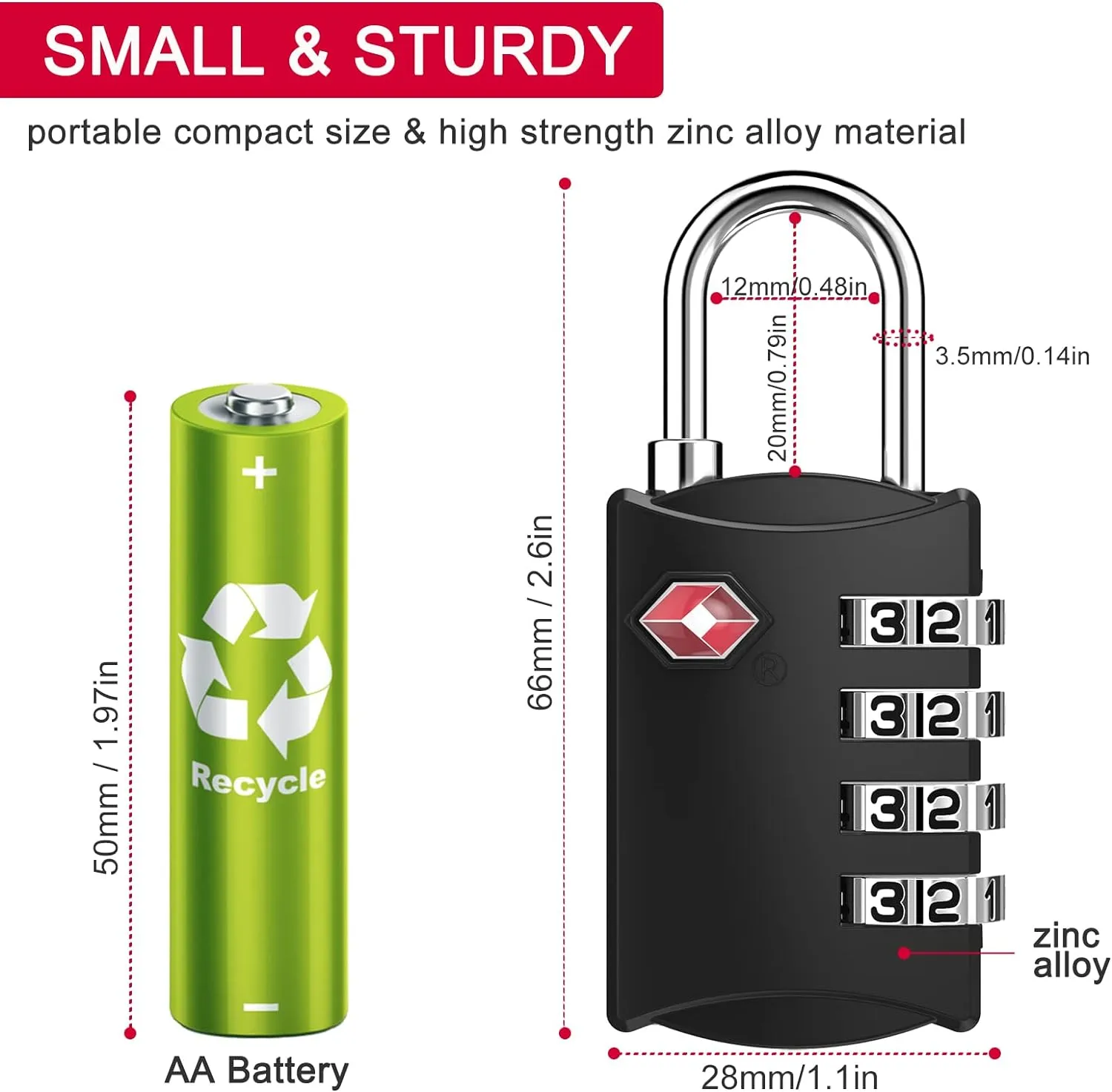 ZHEGE TSA Approved Luggage Lock, Travel Lock, 4 Digit Combination Lock for School Gym Locker, Suitcase, Backpack, Cabinet, Drawer, Easy Read Dials with Alloy Body (Black)